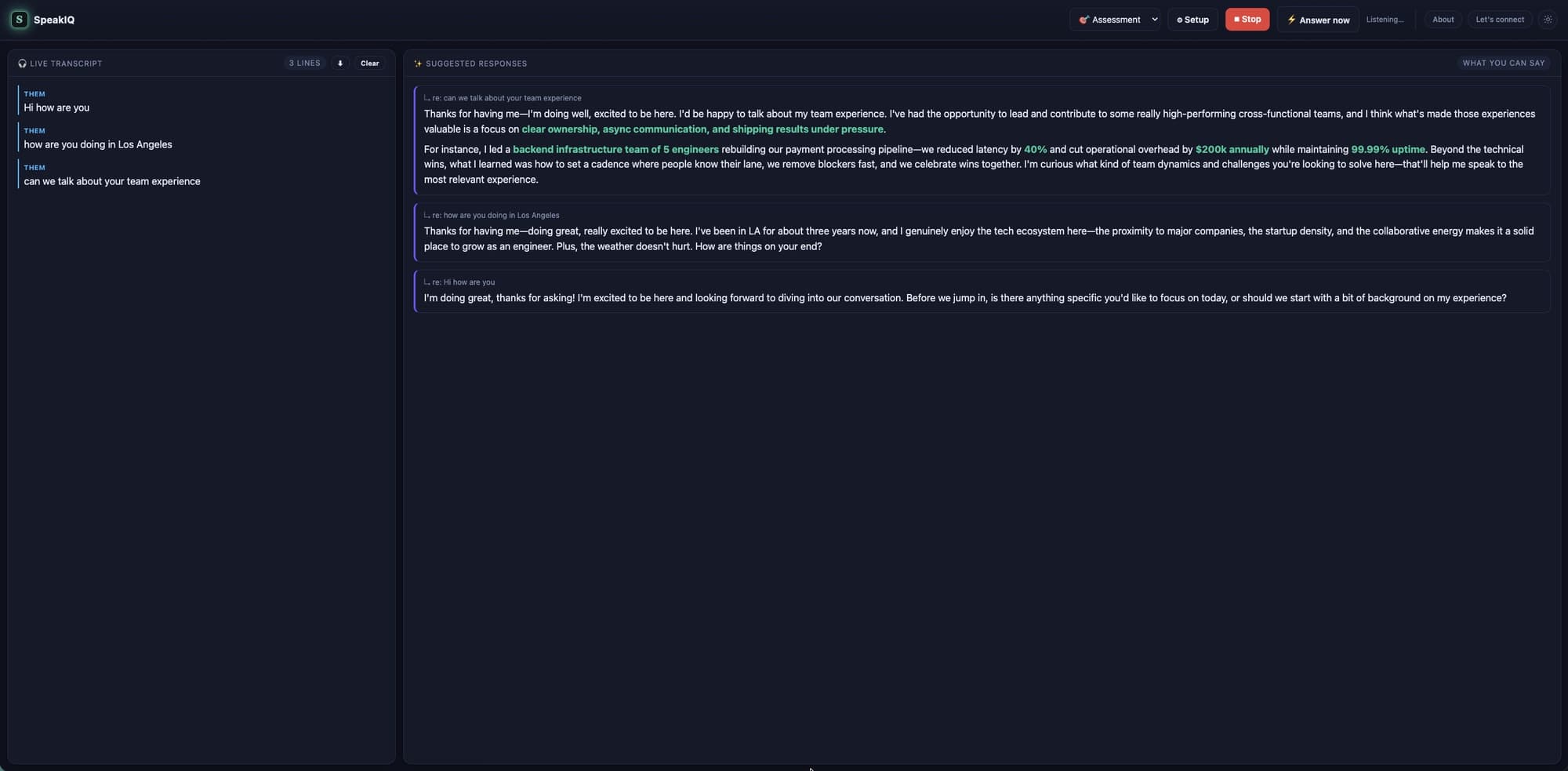 SpeakIQ live transcript and suggested-response panels during an assessment-mode session